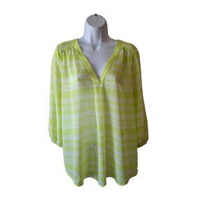 Ann Taylor Loft Womens Blouse Medium Sheer Lime Green Striped V Neck Lagenlook